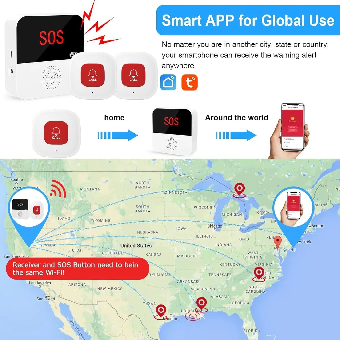 מערכת קריאת חירום אלחוטית SOS Tuya/Smart Life Wi-Fi